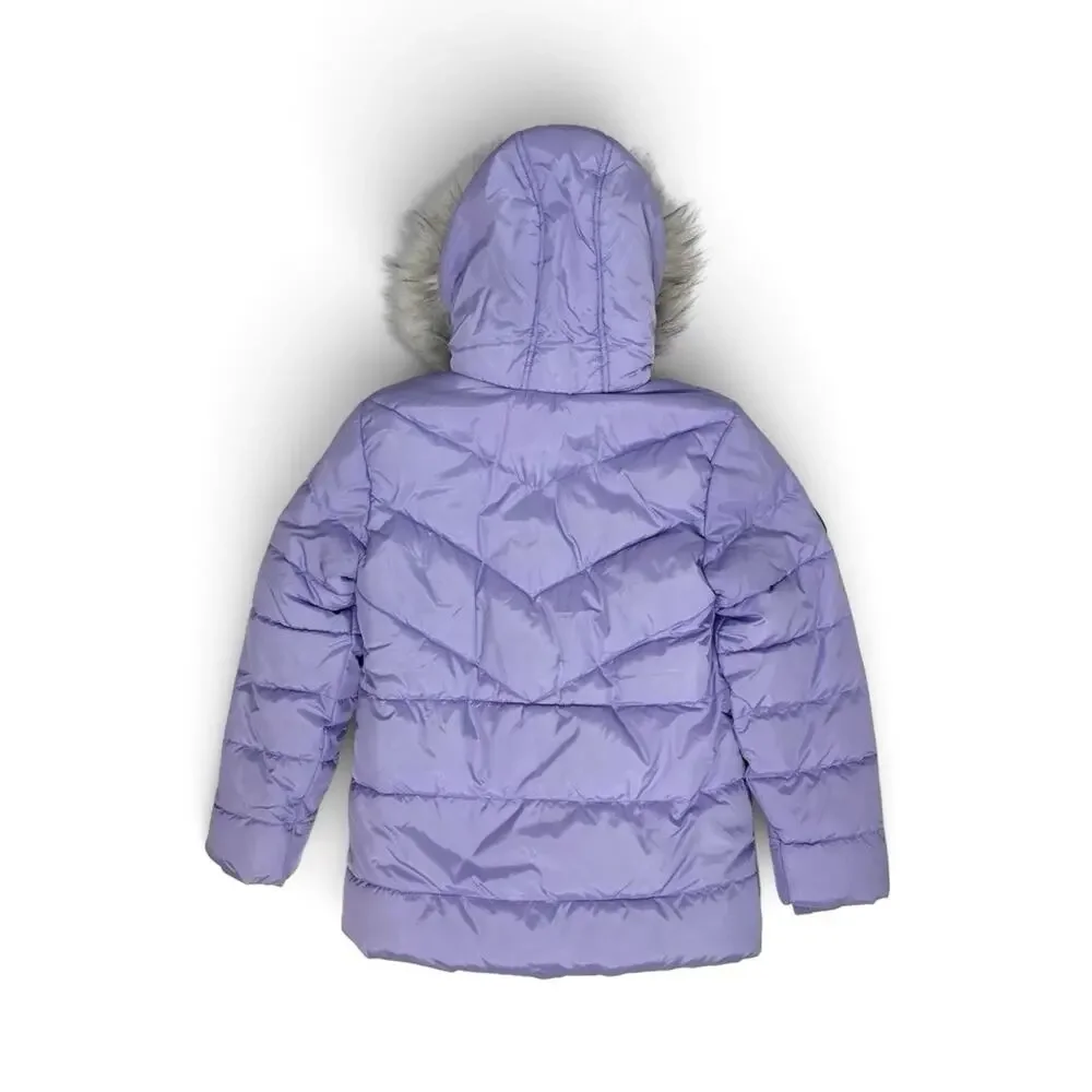 Justice Girls Classic Puffer Jacket Faux Fur Hood Winter Coat Lavender Size L